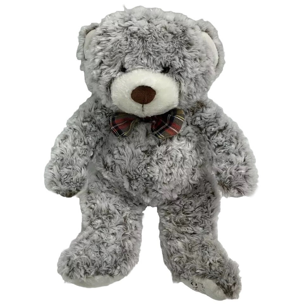 F.A.O. Schwarz Teddy Bear Curly Fur Plush Gray Plaid Bow Stuffed Animal 18"